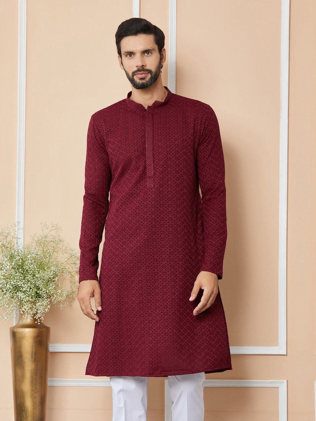 Maroon Embroidered Chikankari Rayon Straight Kurta
