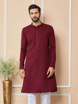 Maroon Embroidered Chikankari Rayon Straight Kurta