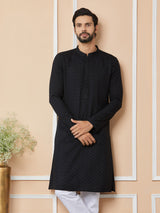 Black Embroidered Chikankari Rayon Straight Kurta