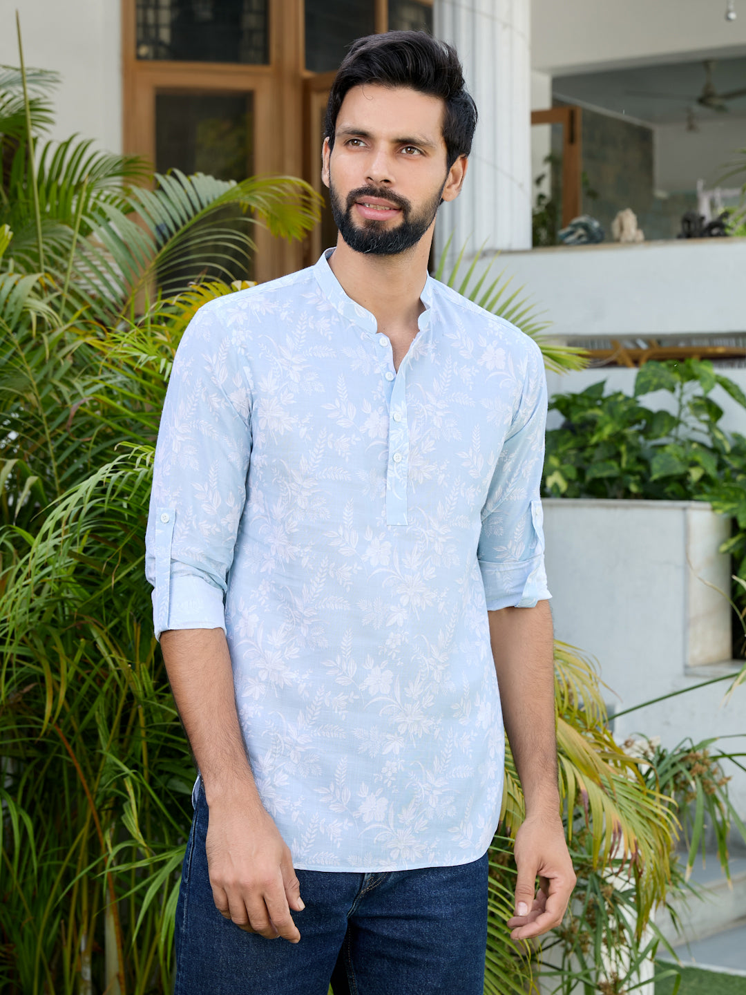 Light Blue Tropical Printed Rayon Short Kurta