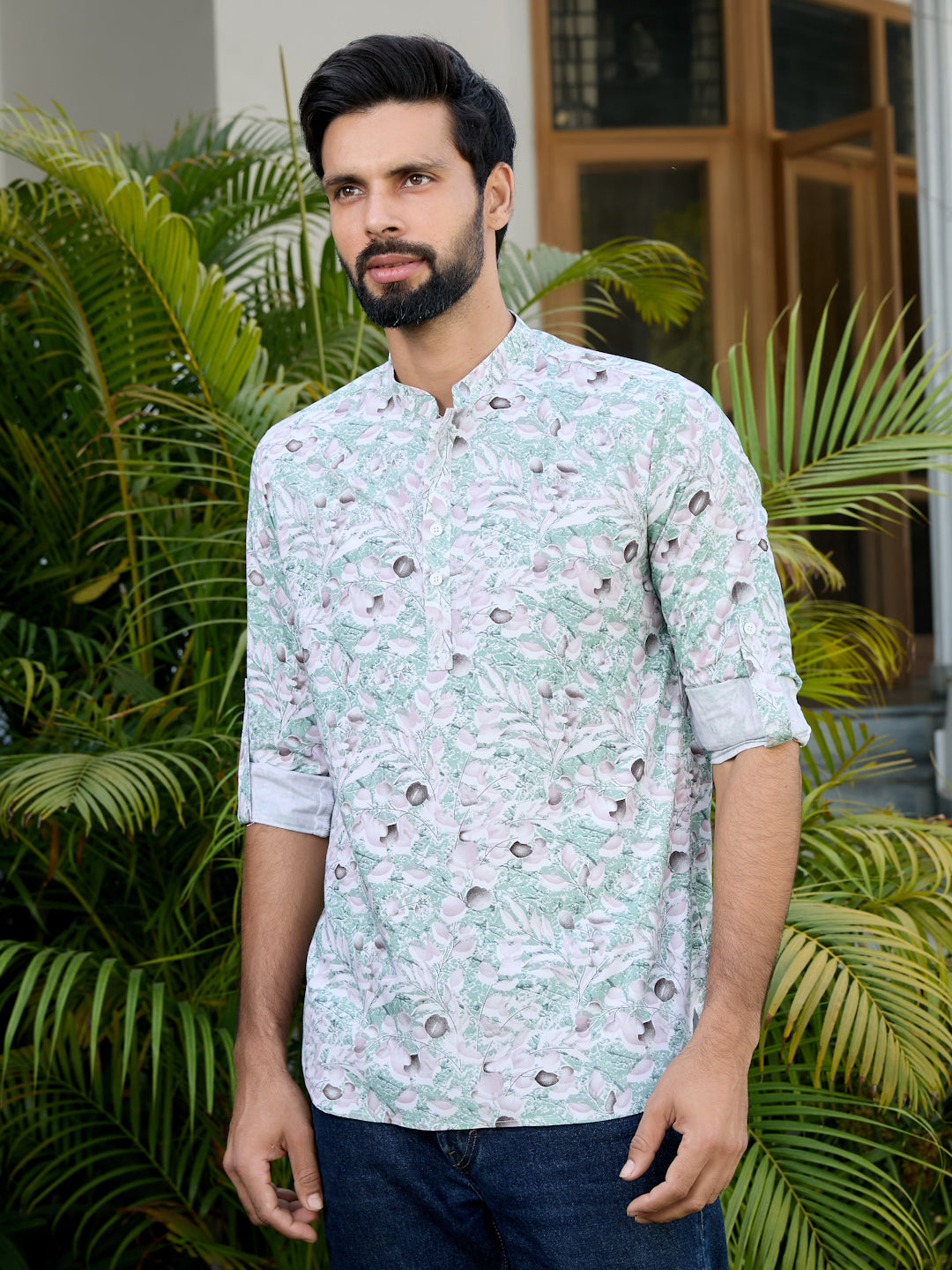 Green Tropical Printed Rayon Short Kurta