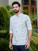 Green Tropical Printed Rayon Short Kurta