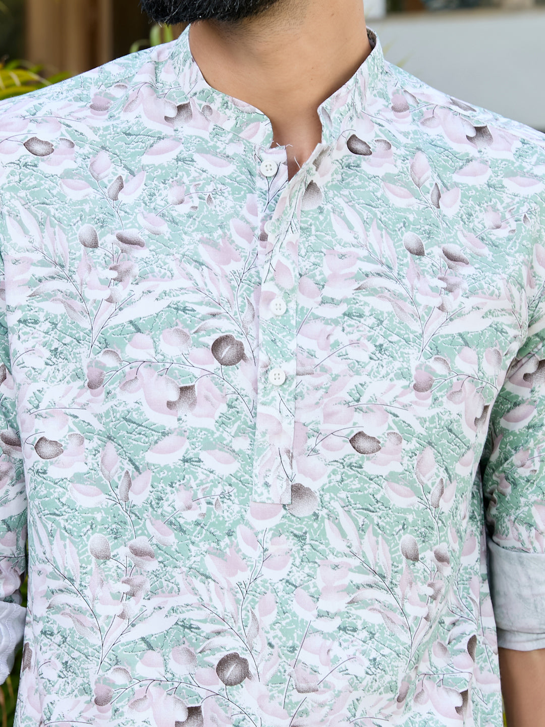 Green Tropical Printed Rayon Short Kurta