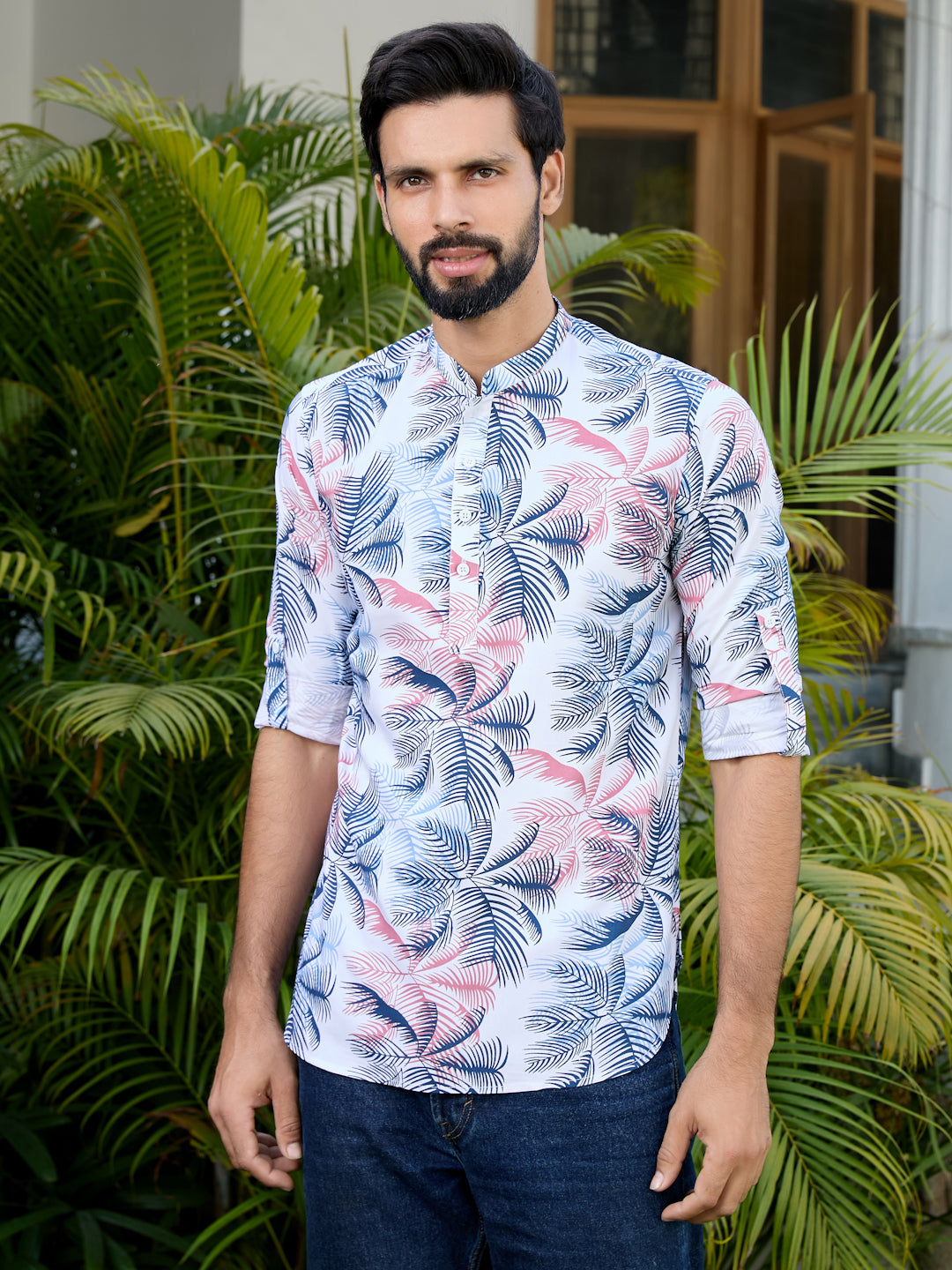 Navy Tropical Printed Rayon Short Kurta