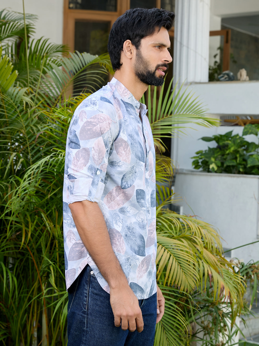 Gray-Beige Tropical Printed Rayon Short Kurta