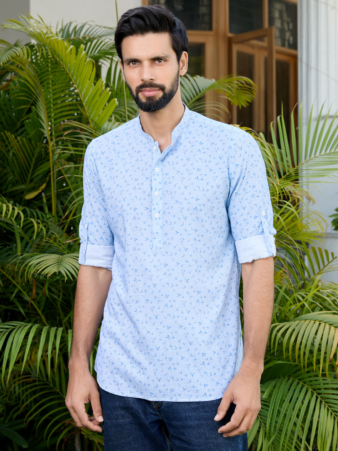 Blue Printed Rayon Short Kurta