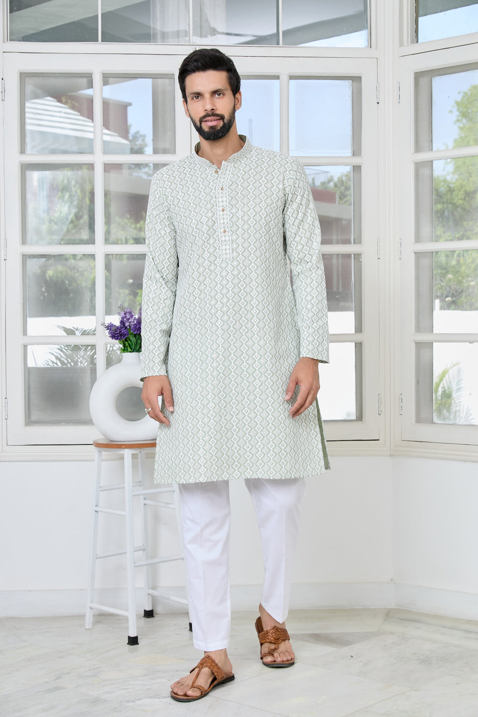 Pastel Green Thread Embroidered and Sequin Rayon Straight Kurta