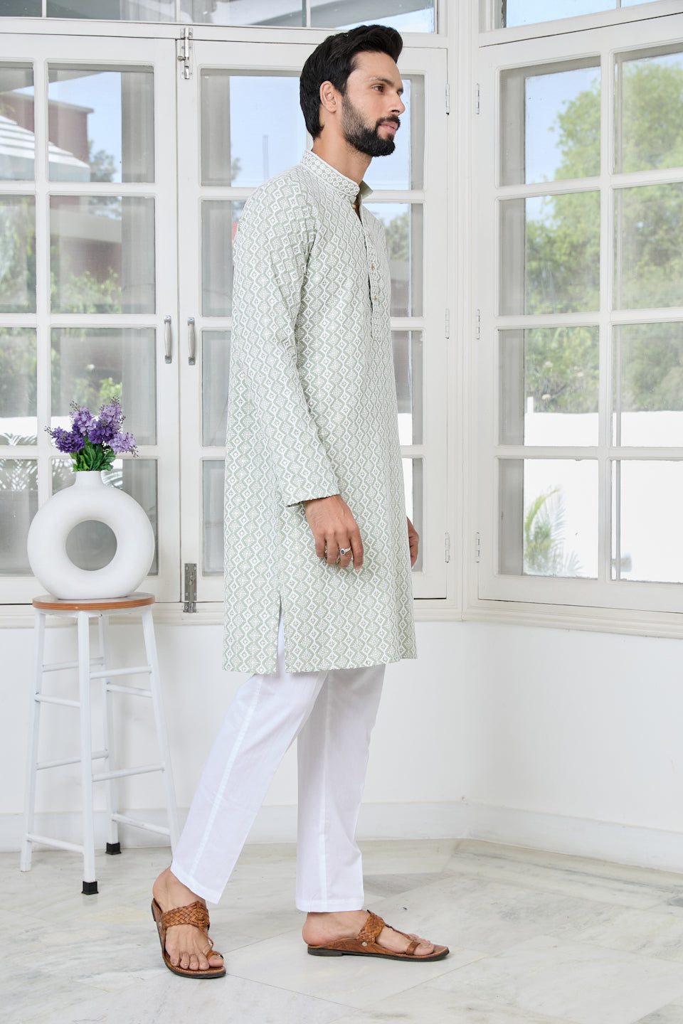 Pastel Green Thread Embroidered and Sequin Rayon Straight Kurta