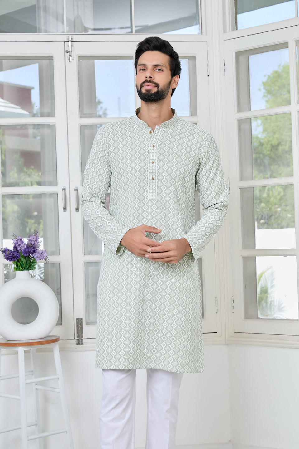 Pastel Green Thread Embroidered and Sequin Rayon Straight Kurta
