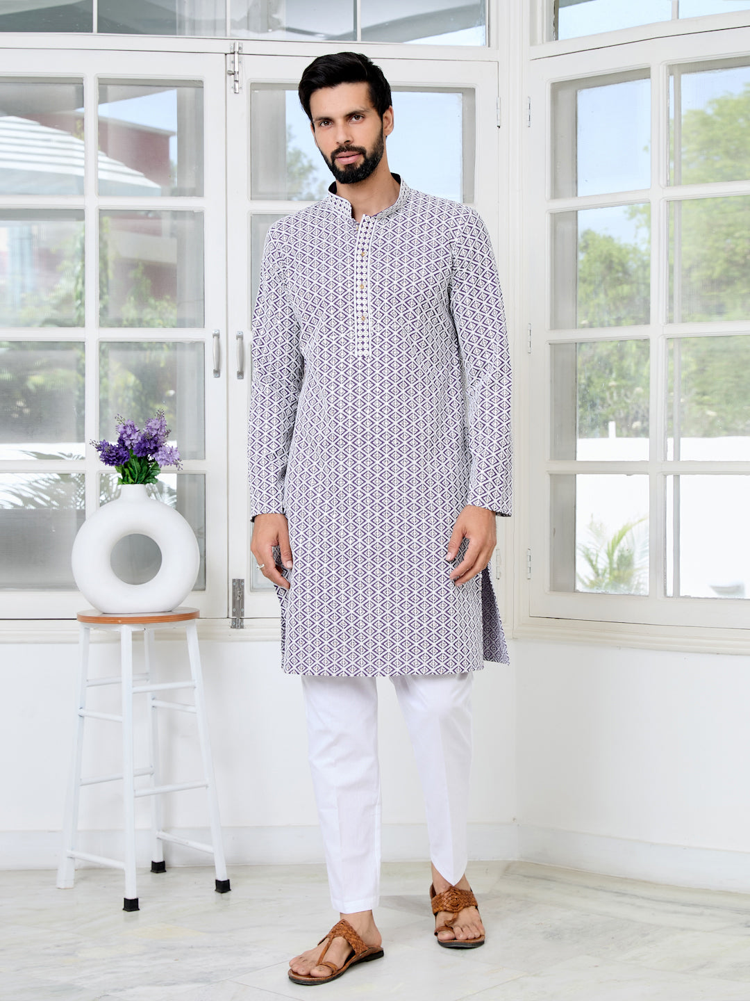 Purple Thread Embroidered and Sequin Rayon Straight Kurta