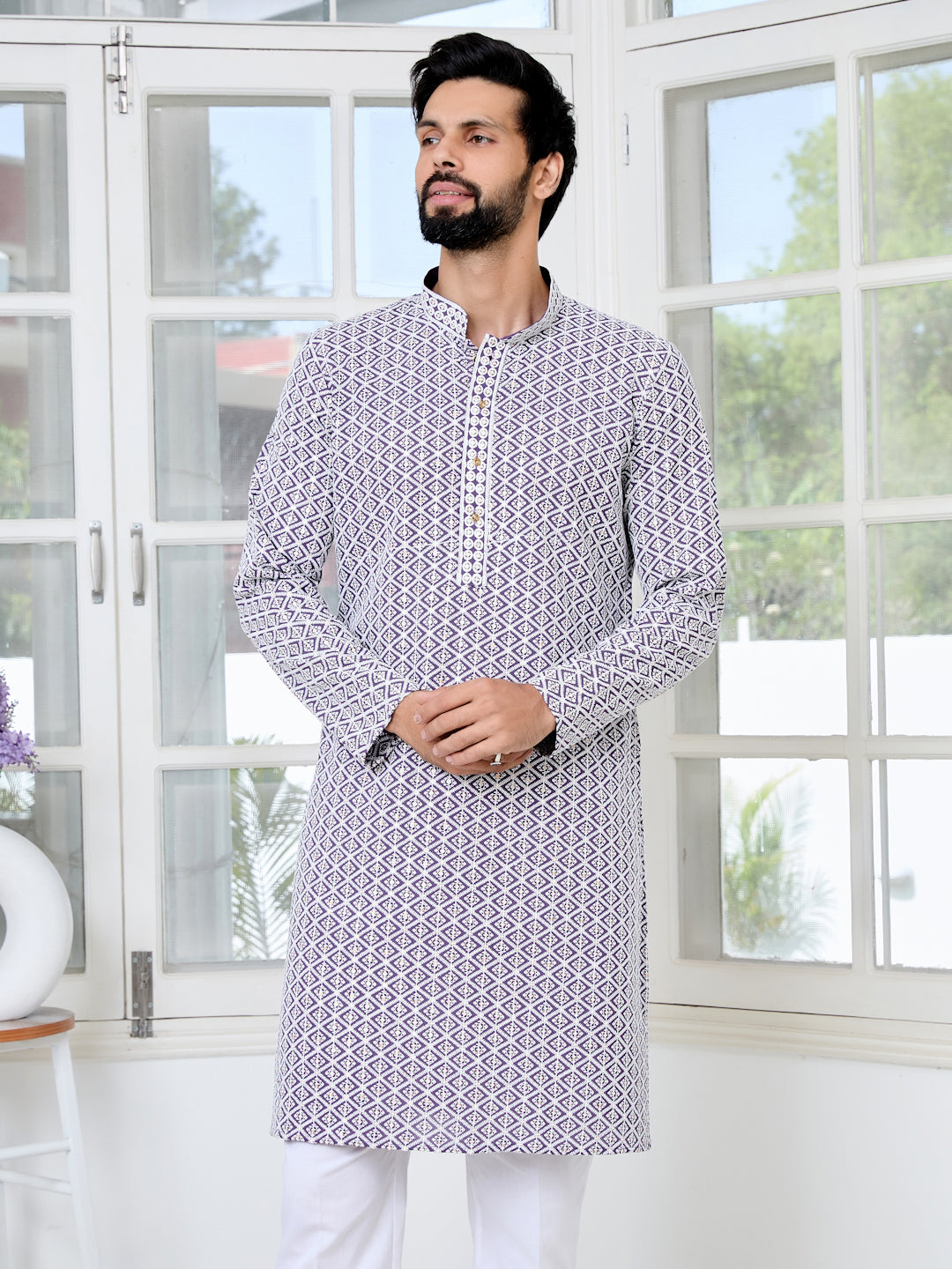 Purple Thread Embroidered and Sequin Rayon Straight Kurta