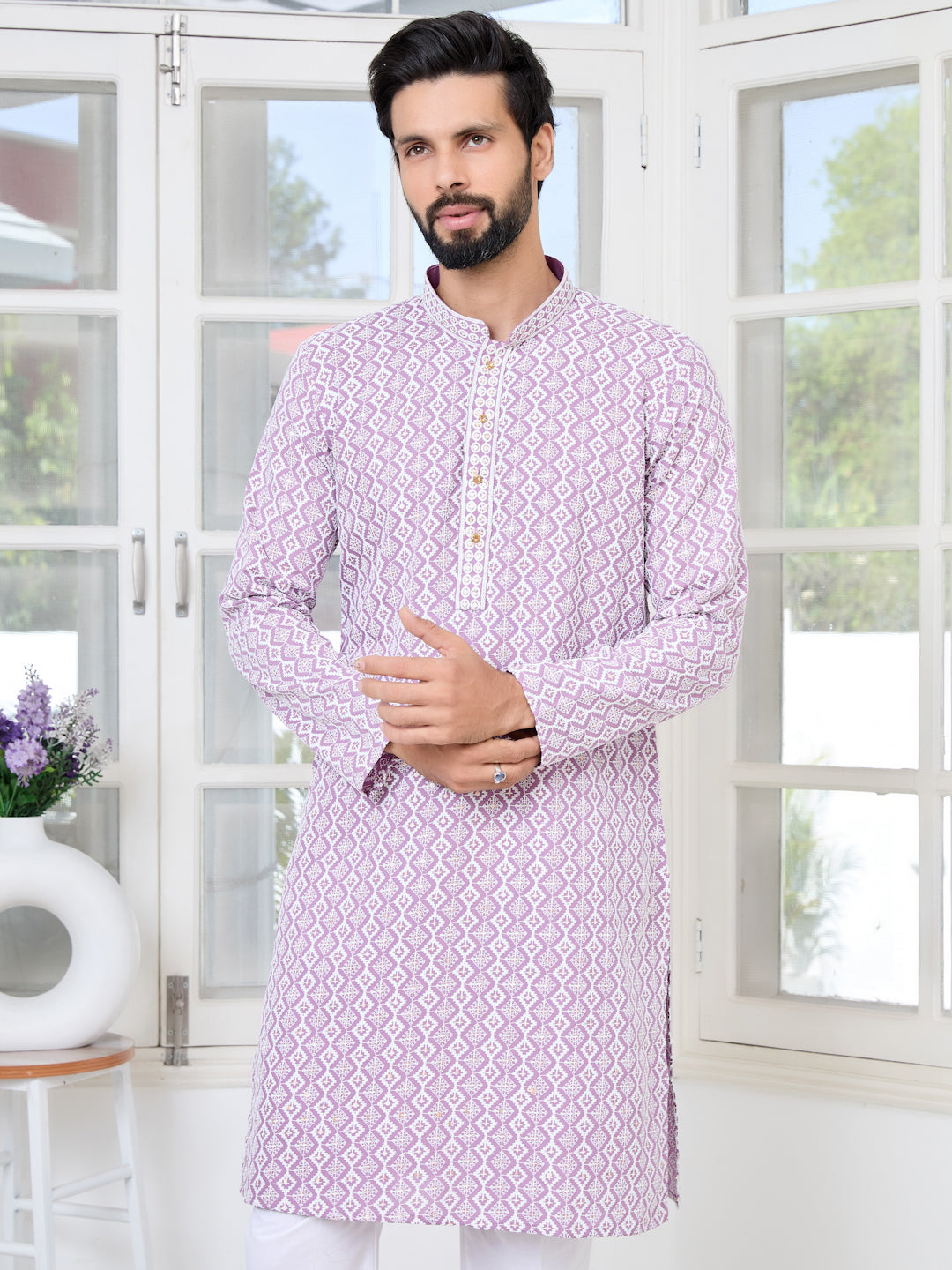 Pastel Purple Thread Embroidered and Sequin Rayon Straight Kurta