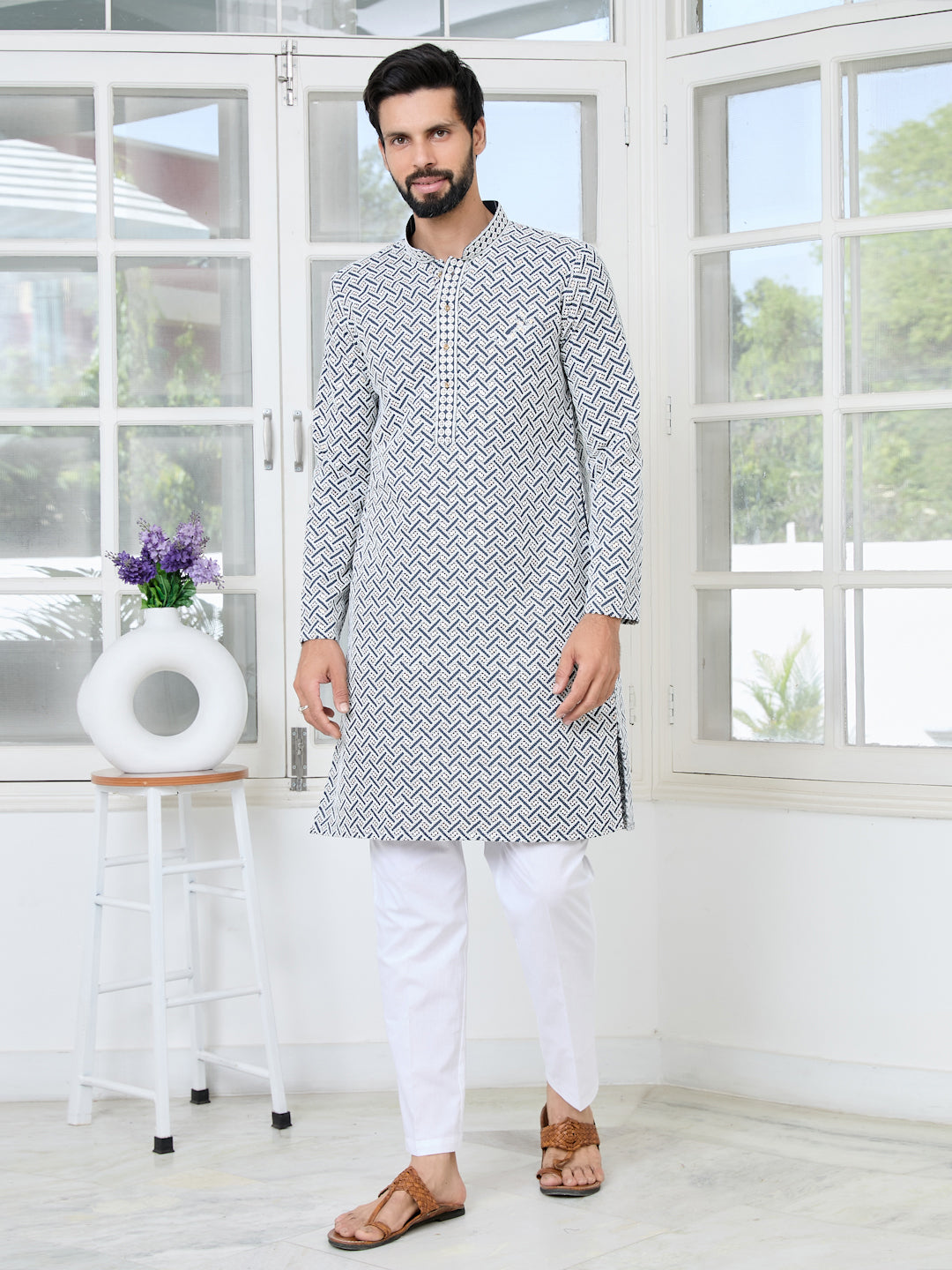 Dark Grey Thread Embroidered and Sequin Rayon Straight Kurta