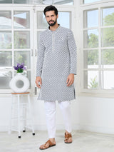 Dark Grey Thread Embroidered and Sequin Rayon Straight Kurta