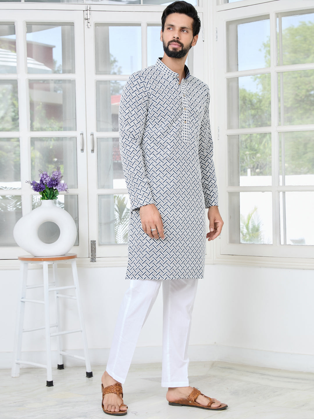 Dark Grey Thread Embroidered and Sequin Rayon Straight Kurta