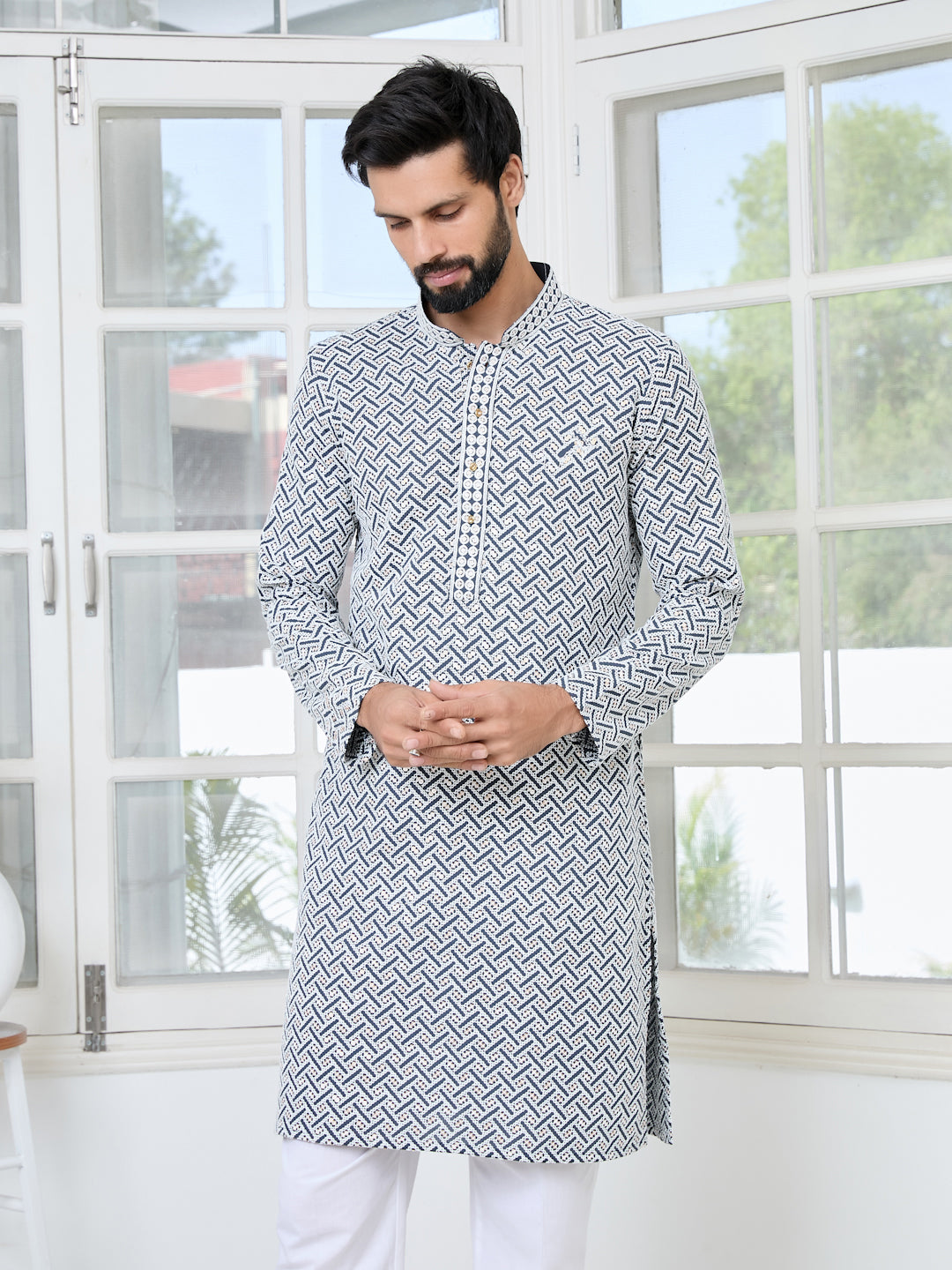 Dark Grey Thread Embroidered and Sequin Rayon Straight Kurta