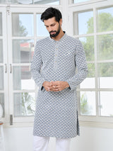 Dark Grey Thread Embroidered and Sequin Rayon Straight Kurta