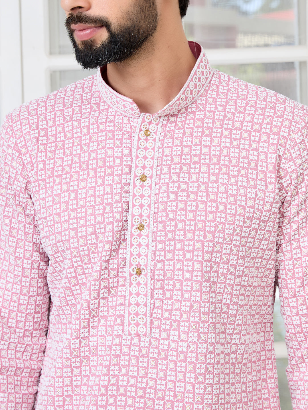 Pink Thread Embroidered and Sequin Rayon Straight Kurta