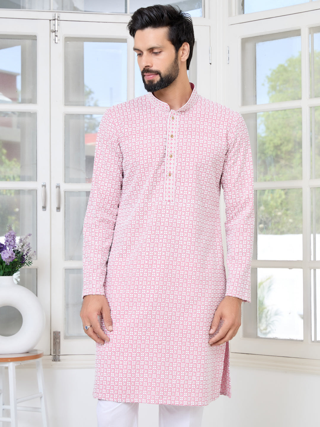 Pink Thread Embroidered and Sequin Rayon Straight Kurta