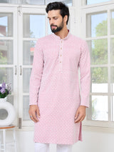 Pink Thread Embroidered and Sequin Rayon Straight Kurta