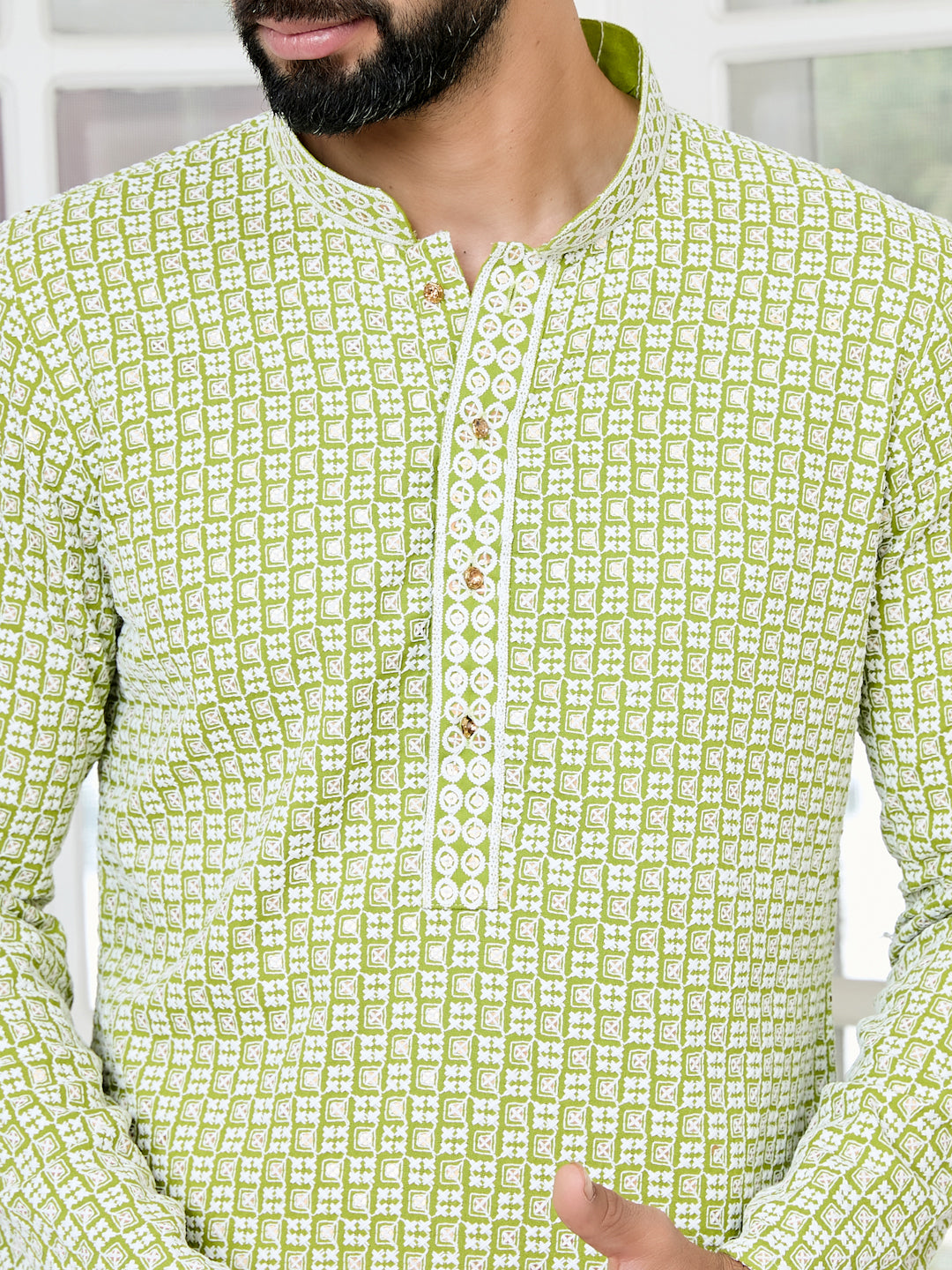 Parrot Green Thread Embroidered and Sequin Rayon Straight Kurta