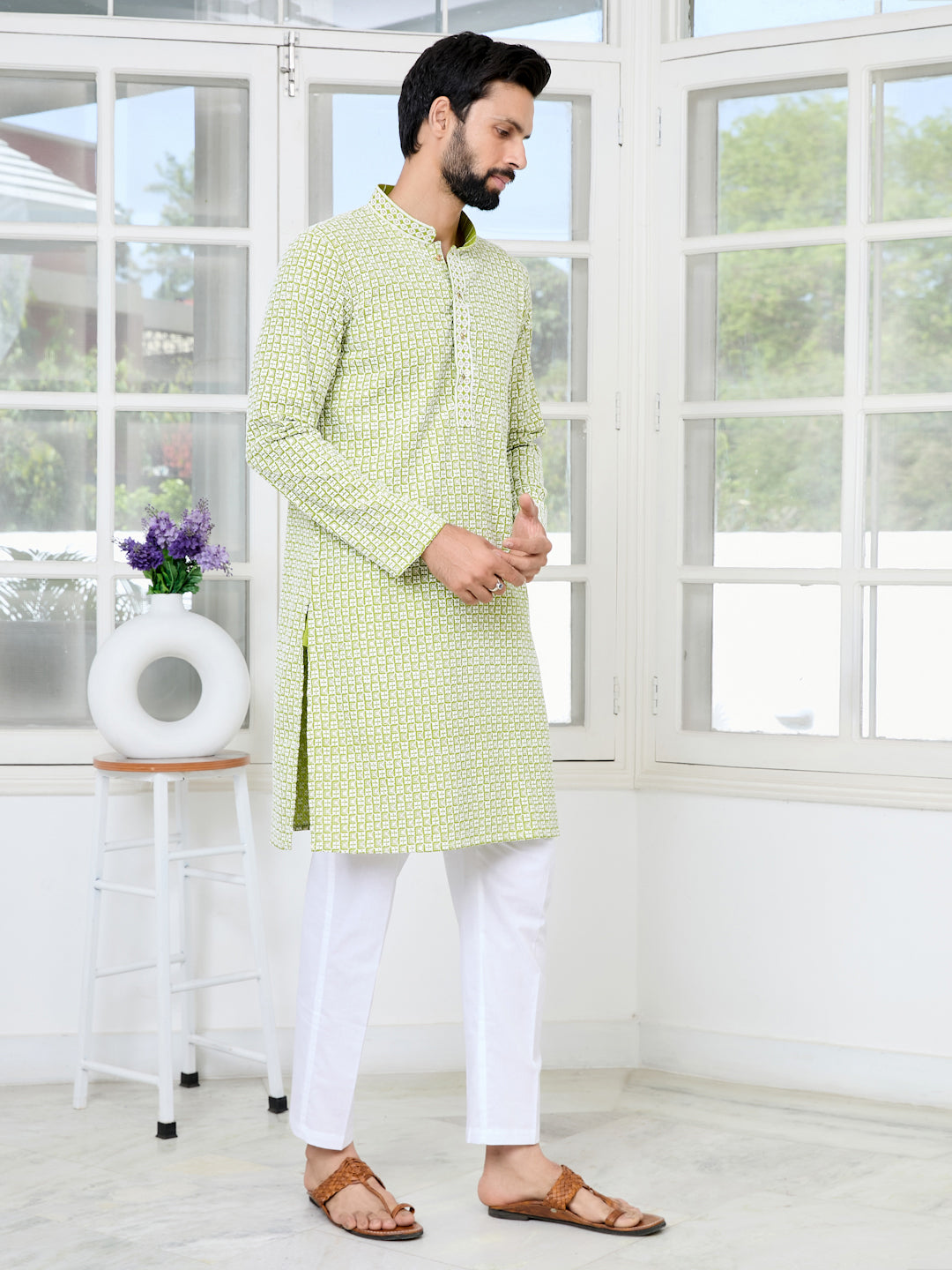 Parrot Green Thread Embroidered and Sequin Rayon Straight Kurta