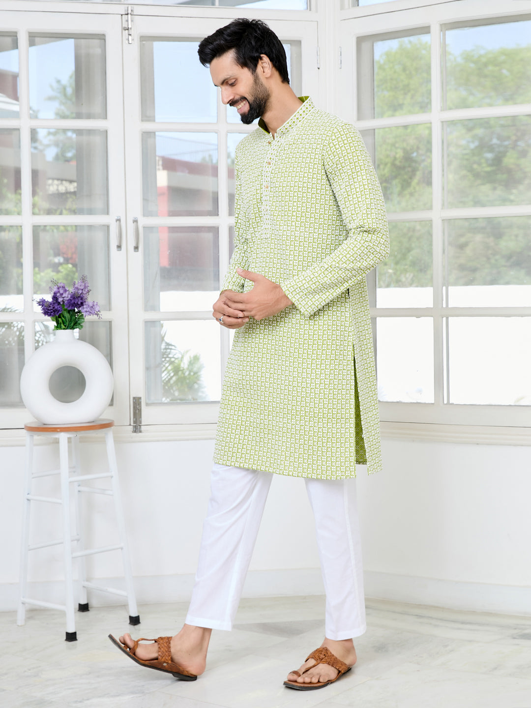 Parrot Green Thread Embroidered and Sequin Rayon Straight Kurta