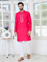 Bright Pink Embroidered Sequins Cotton Chanderi Straight Kurta