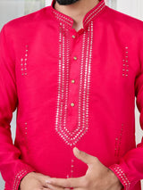 Bright Pink Embroidered Sequins Cotton Chanderi Straight Kurta