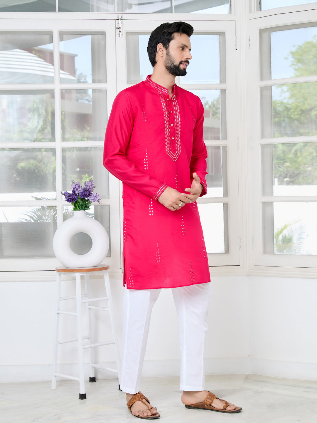 Bright Pink Embroidered Sequins Cotton Chanderi Straight Kurta