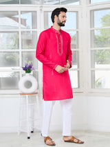 Bright Pink Embroidered Sequins Cotton Chanderi Straight Kurta