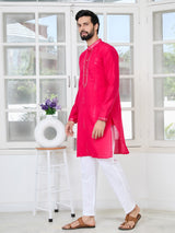 Bright Pink Embroidered Sequins Cotton Chanderi Straight Kurta