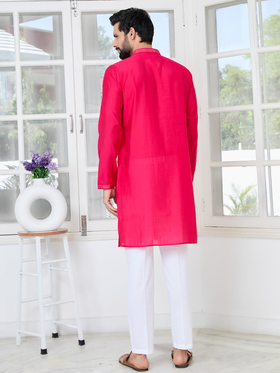 Bright Pink Embroidered Sequins Cotton Chanderi Straight Kurta