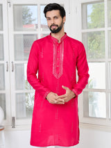 Bright Pink Embroidered Sequins Cotton Chanderi Straight Kurta