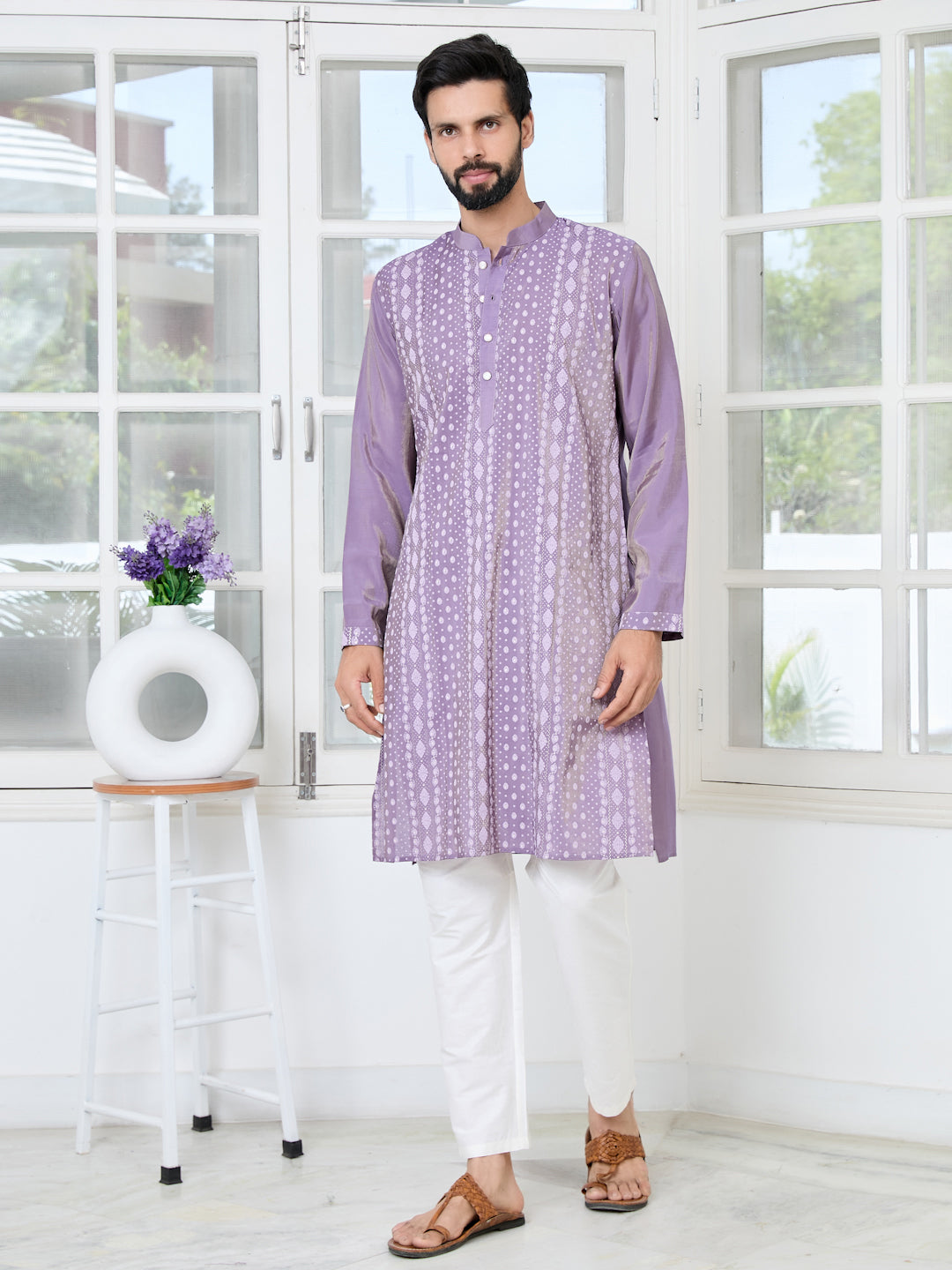 Purple Embossed Printed Cotton Chanderi Straight Kurta