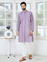 Purple Embossed Printed Cotton Chanderi Straight Kurta