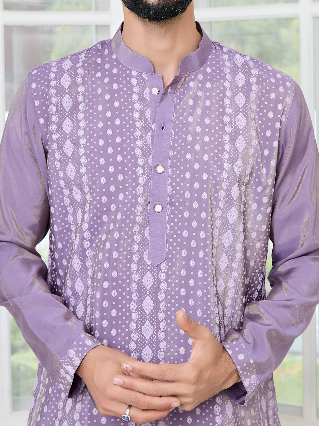 Purple Embossed Printed Cotton Chanderi Straight Kurta