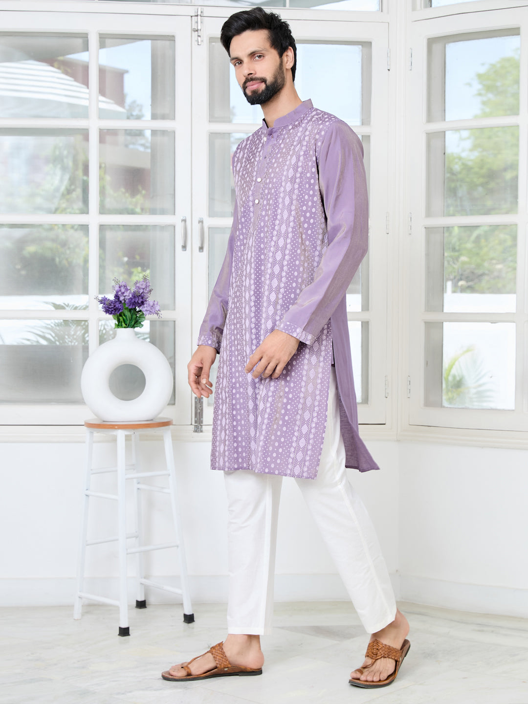Purple Embossed Printed Cotton Chanderi Straight Kurta