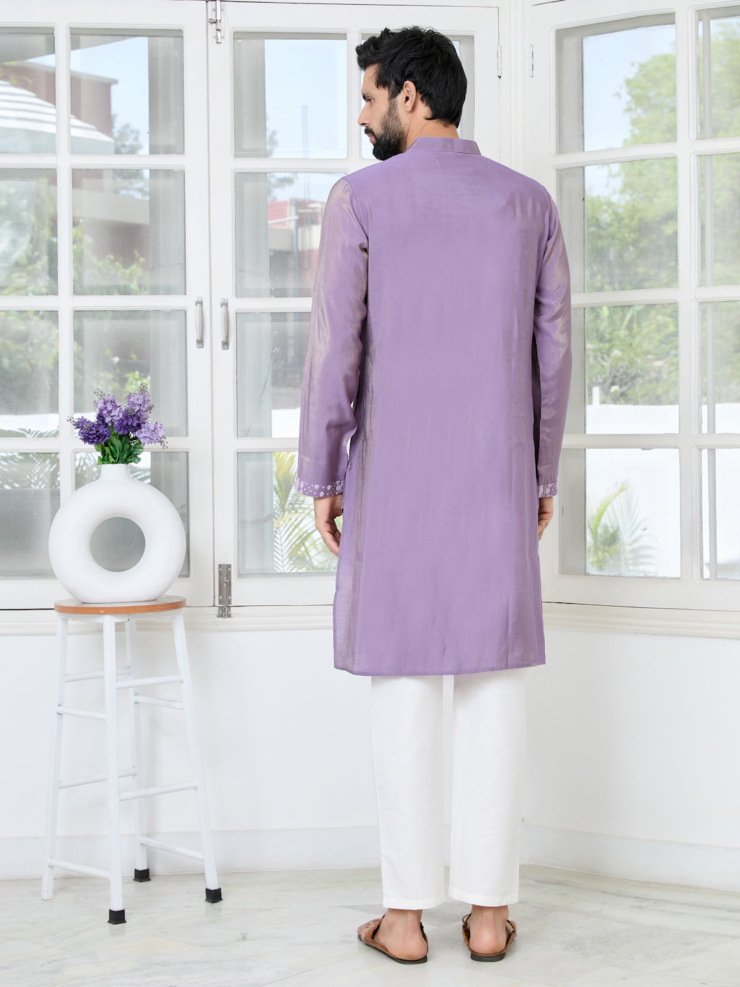 Purple Embossed Printed Cotton Chanderi Straight Kurta