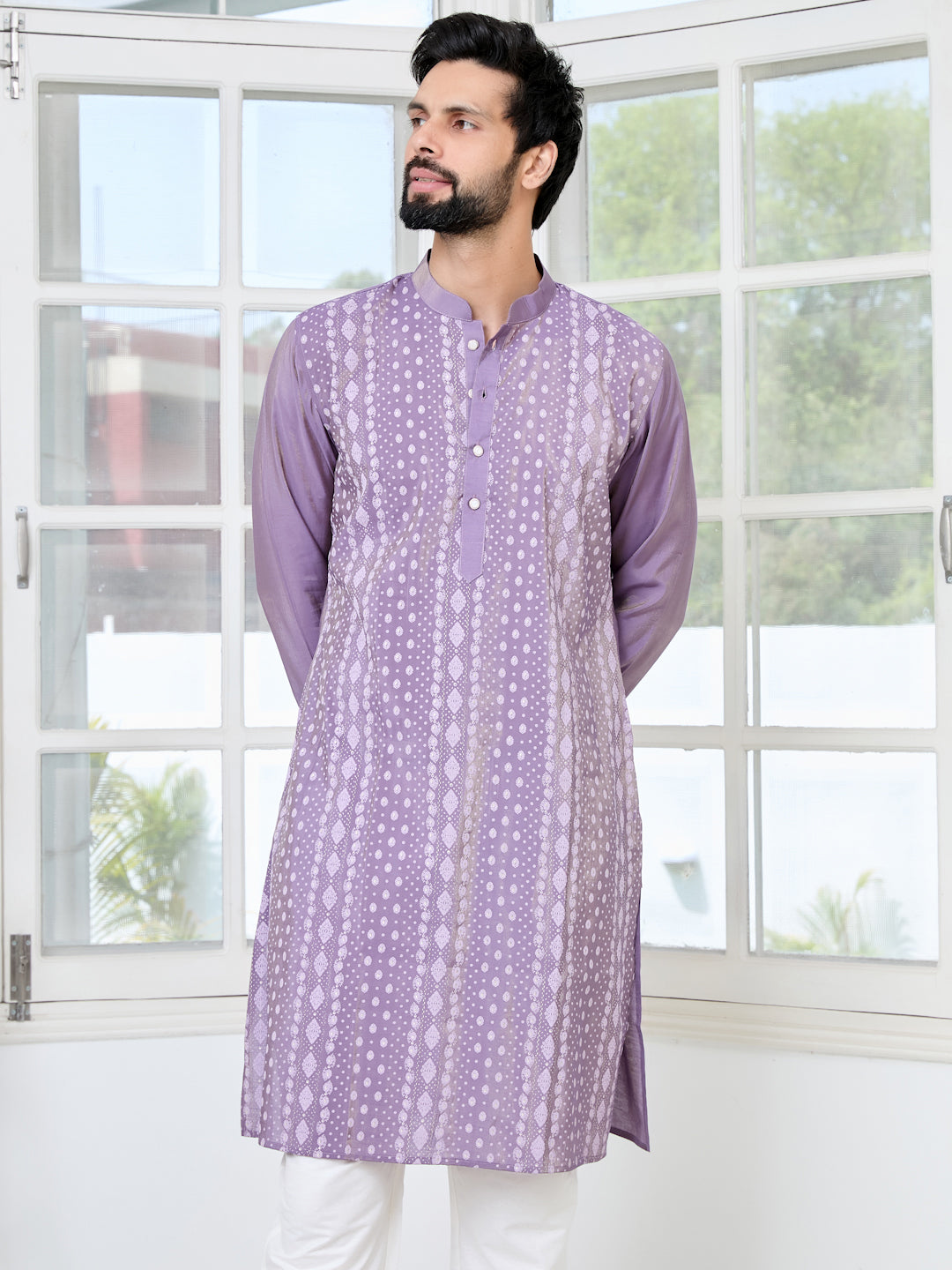 Purple Embossed Printed Cotton Chanderi Straight Kurta