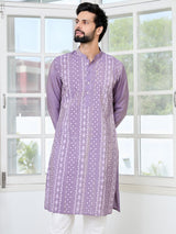 Purple Embossed Printed Cotton Chanderi Straight Kurta