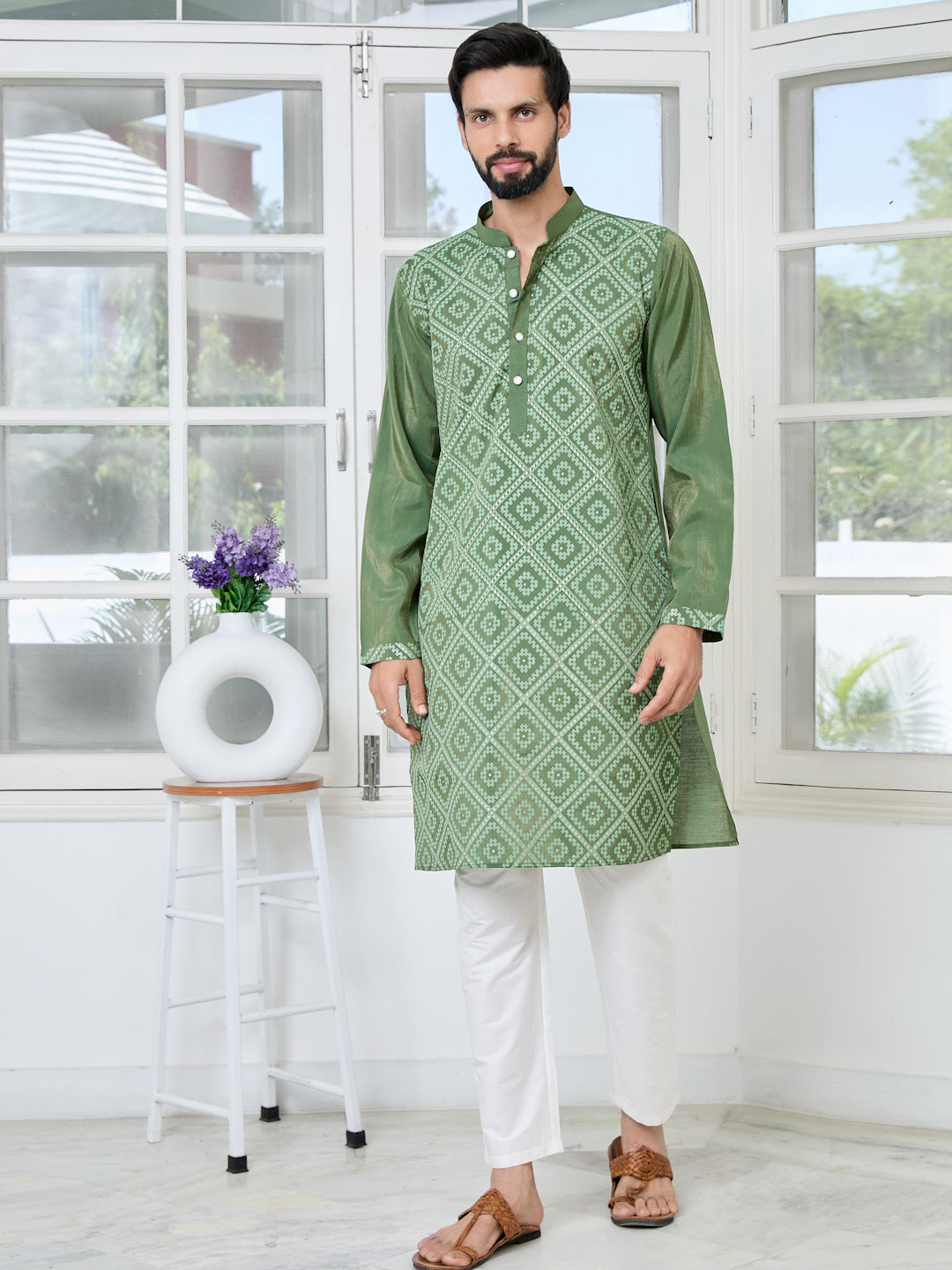 Green Embossed Printed Cotton Chanderi Straight Kurta