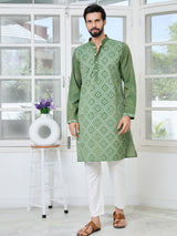 Green Embossed Printed Cotton Chanderi Straight Kurta