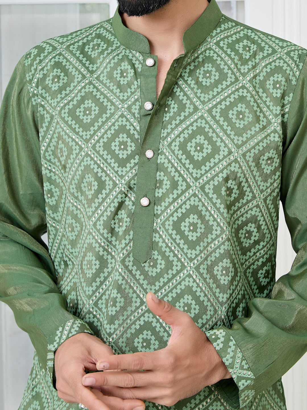 Green Embossed Printed Cotton Chanderi Straight Kurta