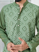 Green Embossed Printed Cotton Chanderi Straight Kurta