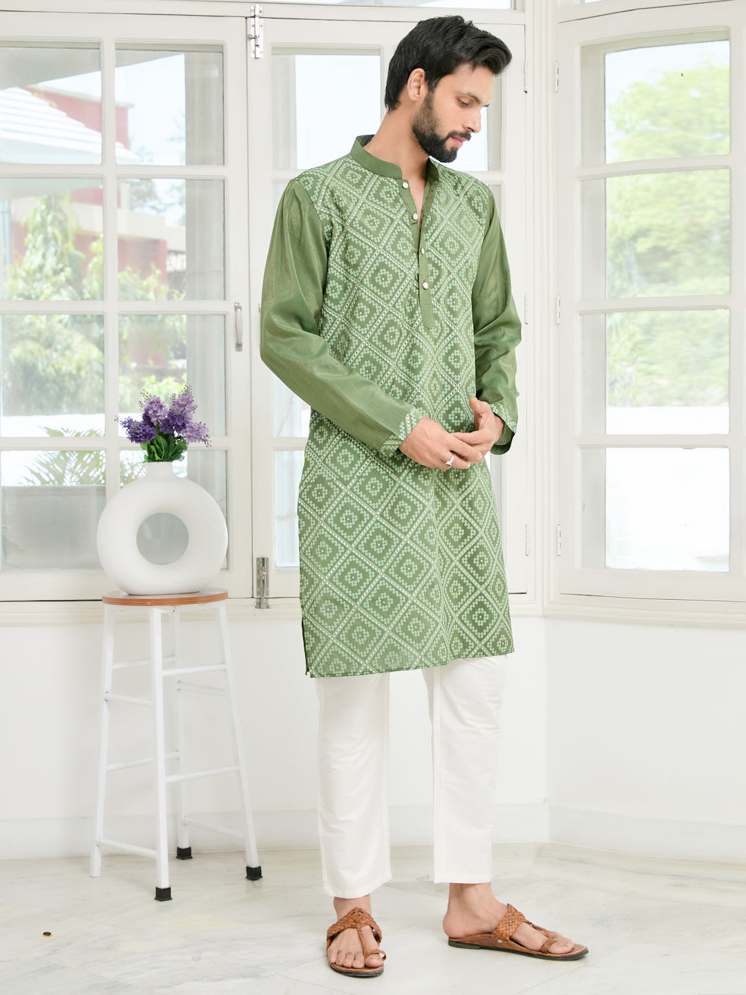 Green Embossed Printed Cotton Chanderi Straight Kurta
