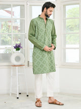 Green Embossed Printed Cotton Chanderi Straight Kurta