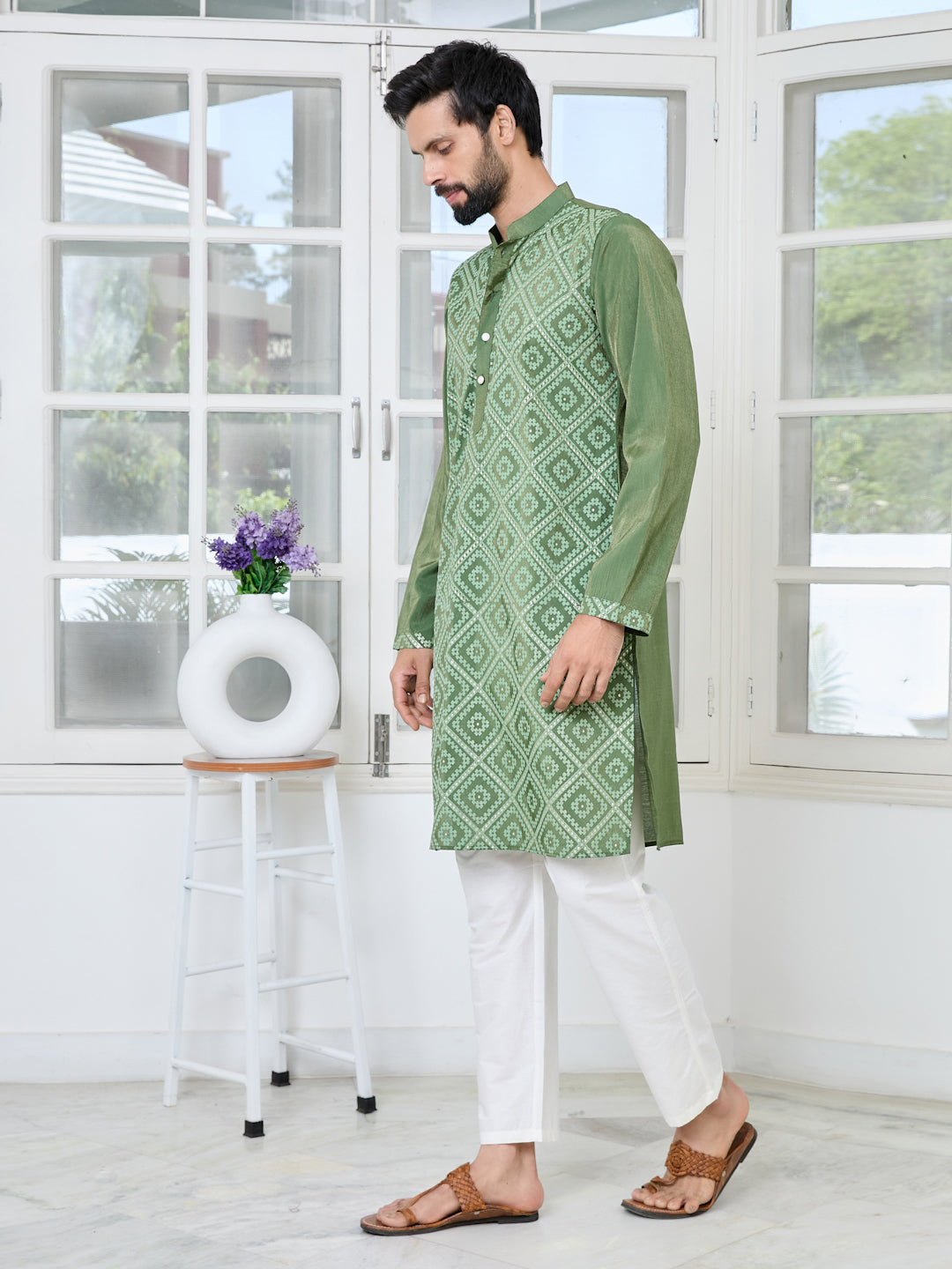 Green Embossed Printed Cotton Chanderi Straight Kurta