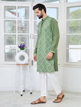 Green Embossed Printed Cotton Chanderi Straight Kurta