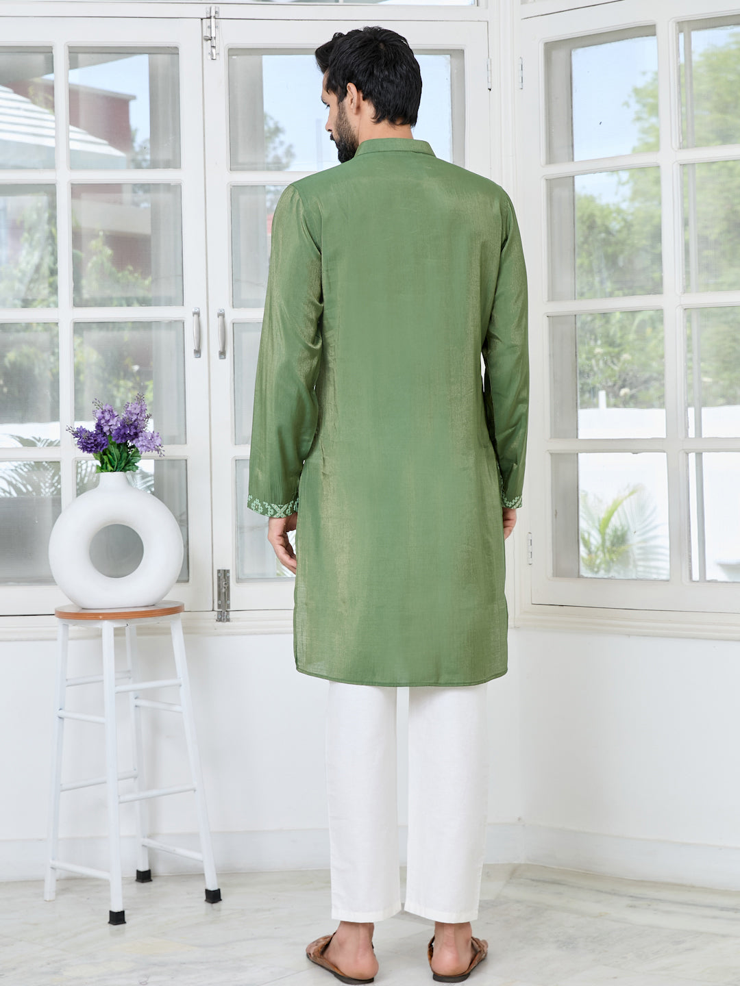 Green Embossed Printed Cotton Chanderi Straight Kurta